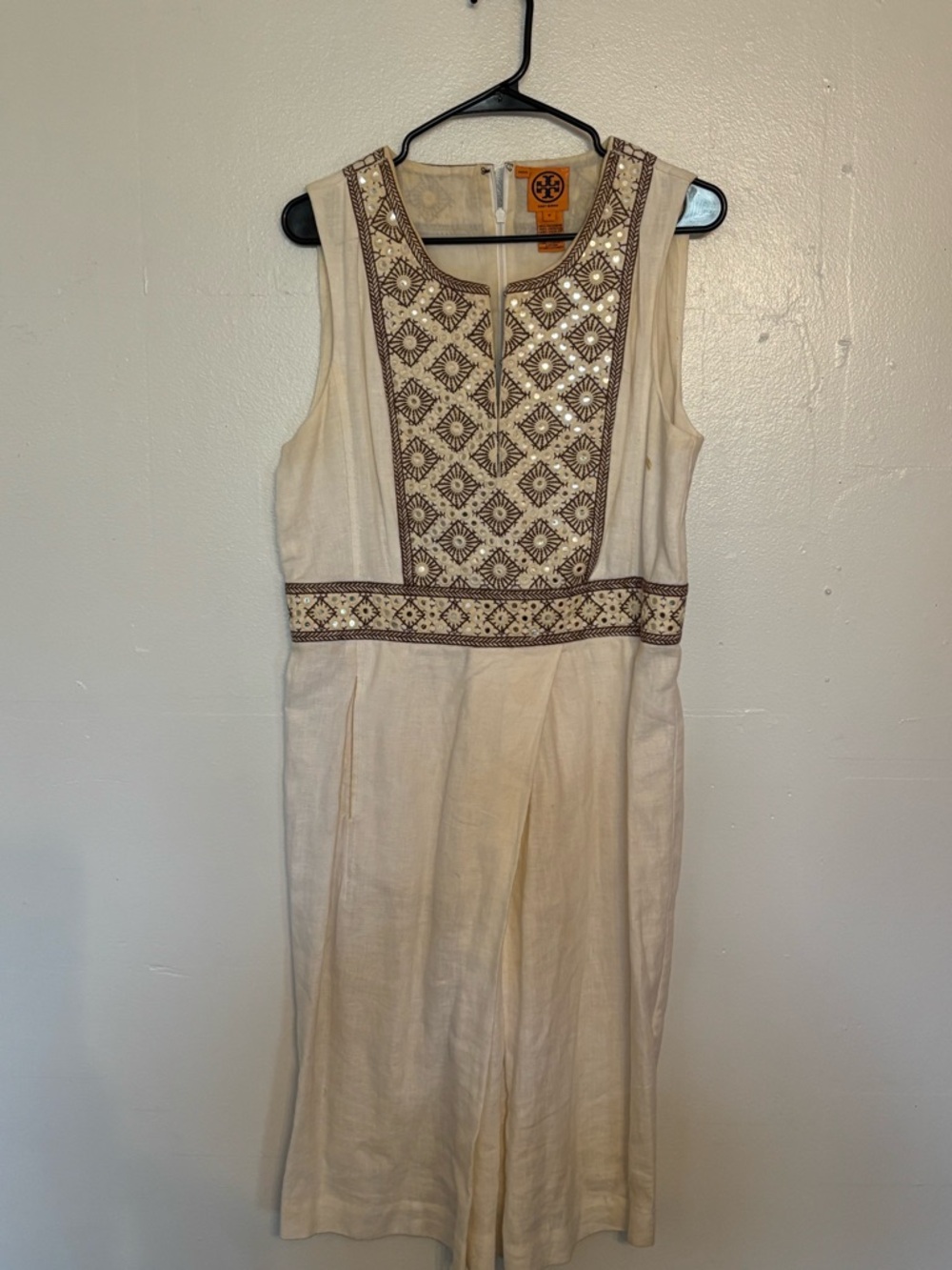 Tory Burch Cream Sleeveless Midi Dress with Brown Embroidery